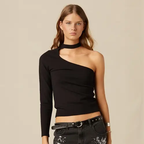 NICOLI - Top Asimétrico Abertura Escote Negro Mujer
