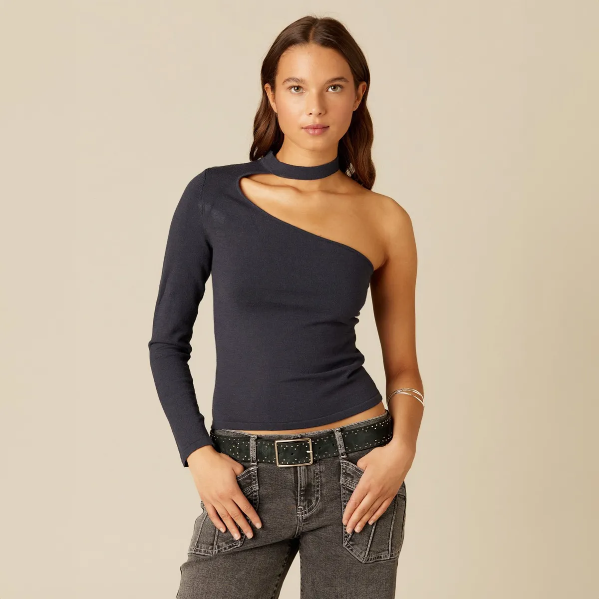 NICOLI - Top Asimétrico Abertura Escote Azul Mujer Nicoli