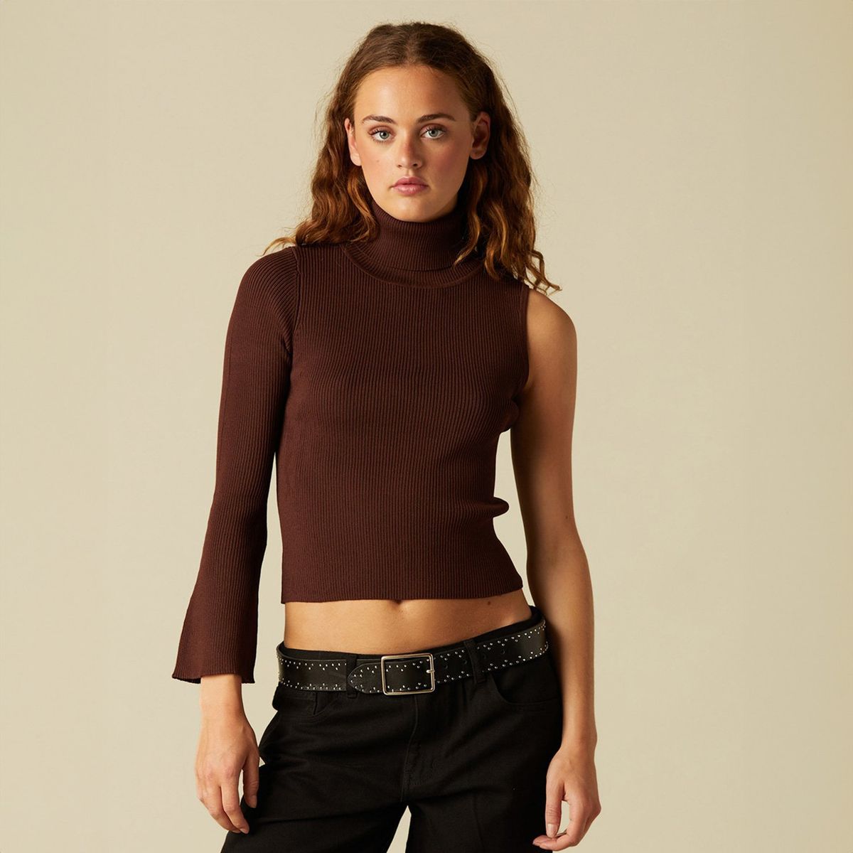 NICOLI - Top Asimétrico Cuello Vuelto Café Mujer Nicoli