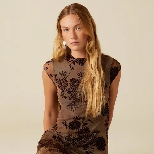 NICOLI - Vestido Flor Tulle Café Mujer