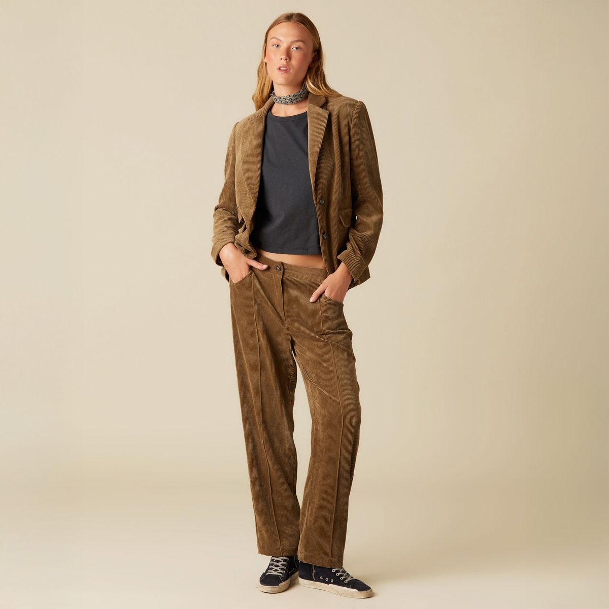 NICOLI - Pantalón Cotelé Corte Café Mujer Nicoli