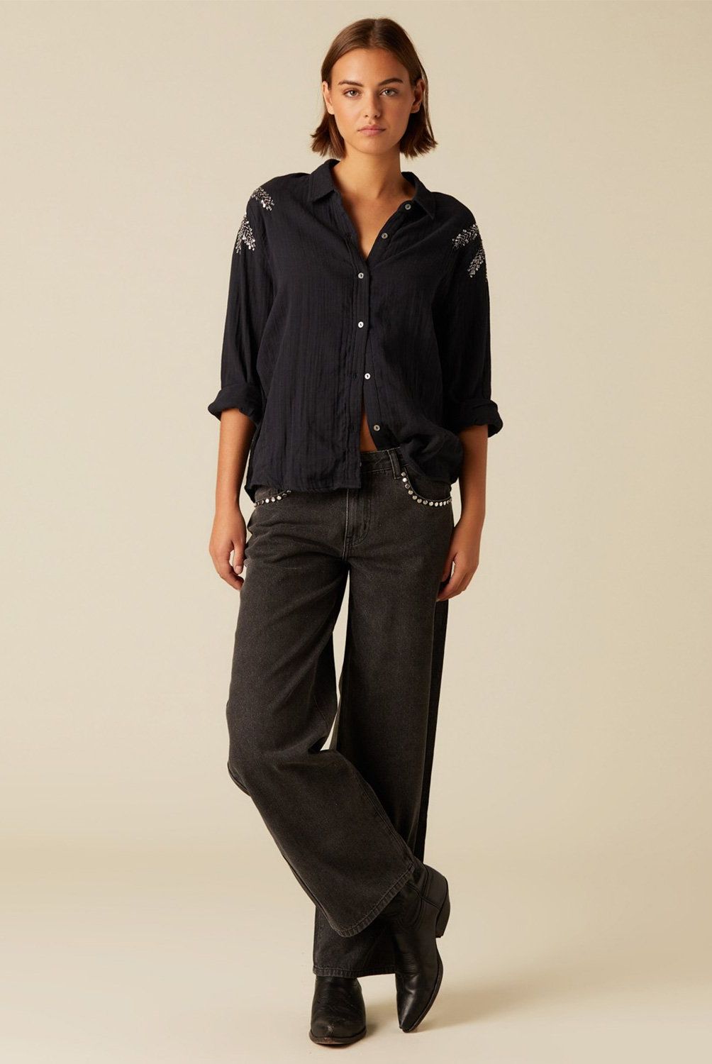 NICOLI - Jeans Tachuelas Gris Mujer Nicoli