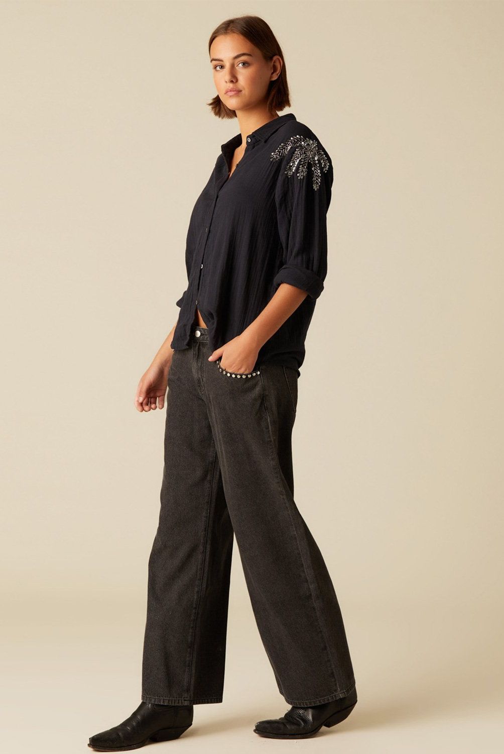 NICOLI - Jeans Tachuelas Gris Mujer Nicoli