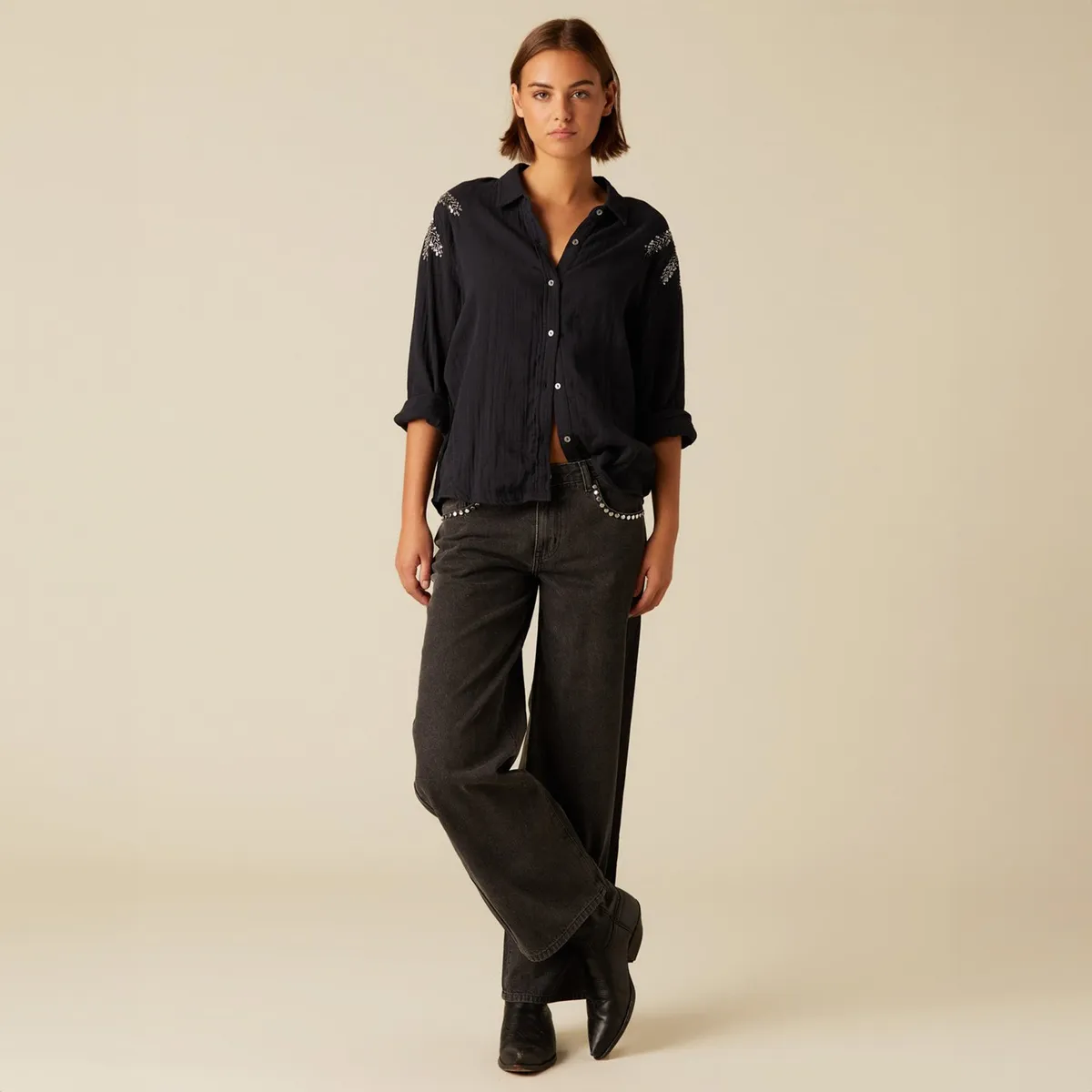 NICOLI - Jeans Wide Leg Tiro Bajo Mujer Nicoli