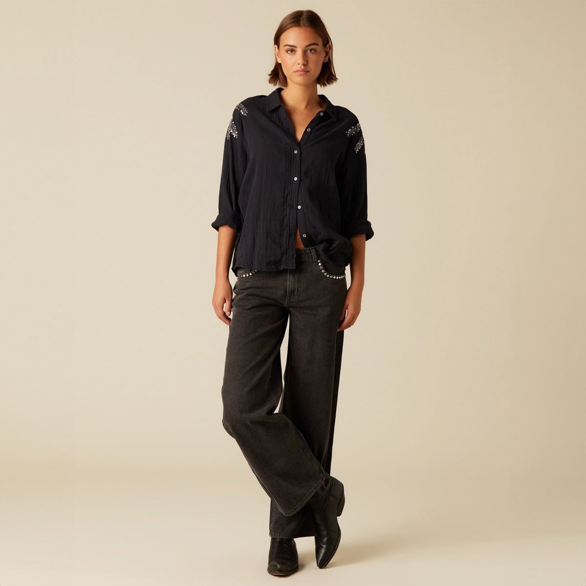 NICOLI - Jeans Wide Leg Tiro Bajo Mujer Nicoli