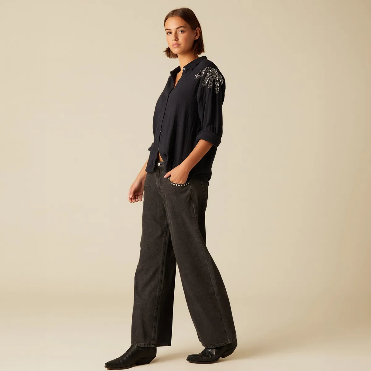 NICOLI - Jeans Wide Leg Tiro Bajo Mujer Nicoli