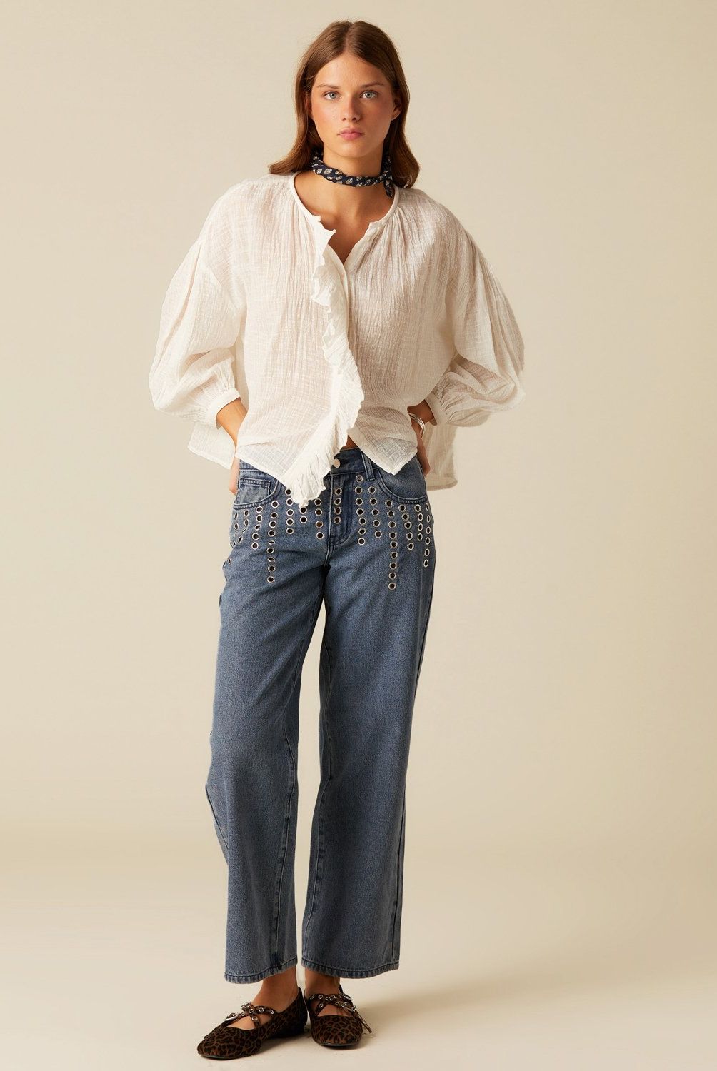 NICOLI - Jeans Vaquero Azul Mix Tachuelas Mujer Nicoli