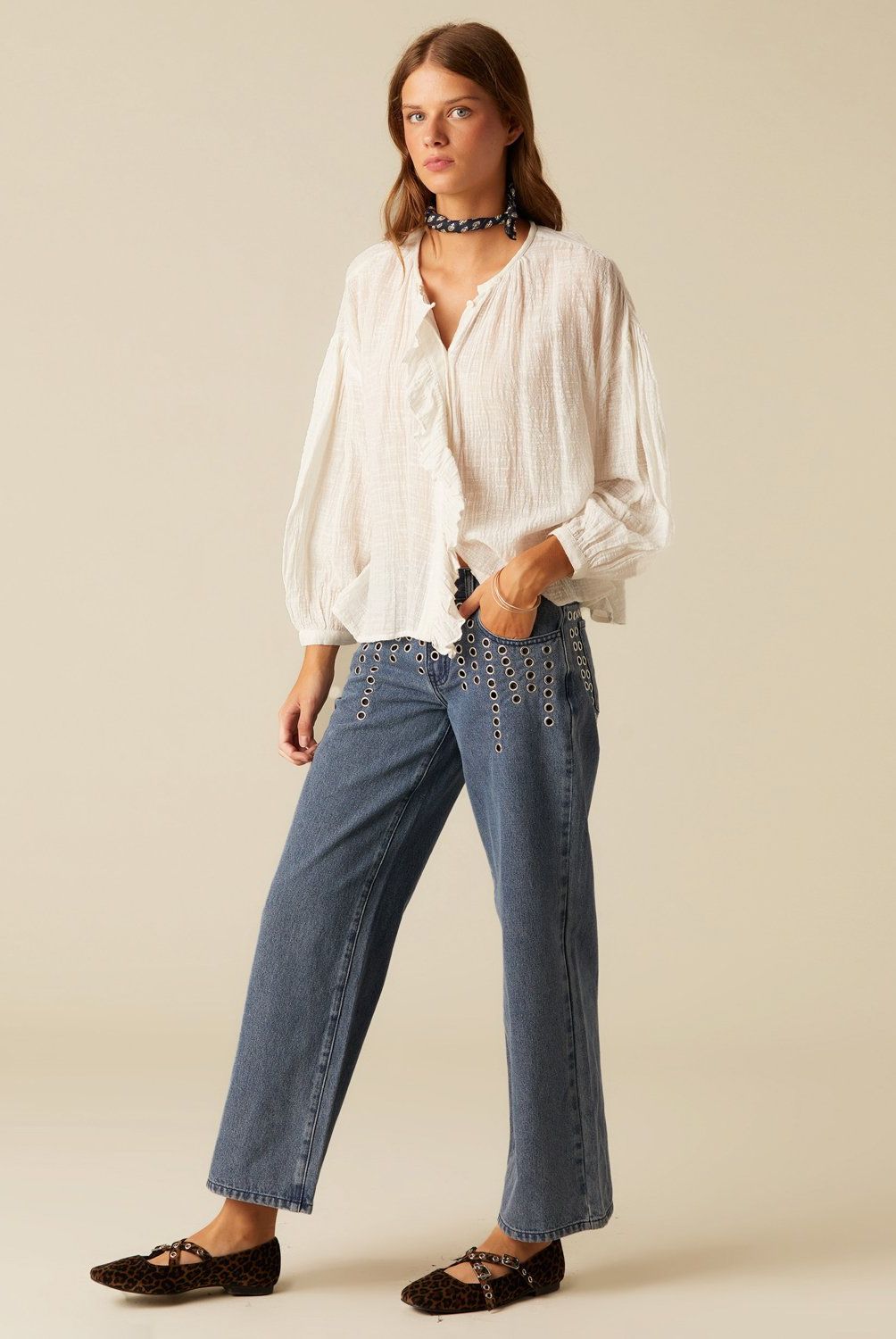 NICOLI - Jeans Vaquero Azul Mix Tachuelas Mujer Nicoli