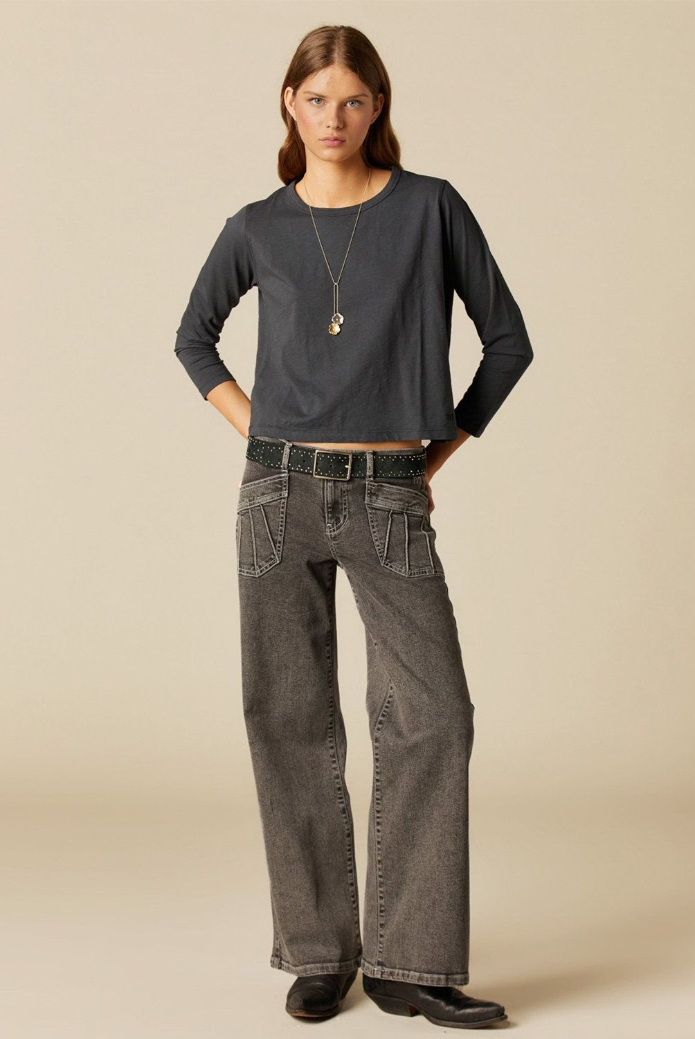 NICOLI - Jeans Gris Bolsillos Costuras Mujer Nicoli