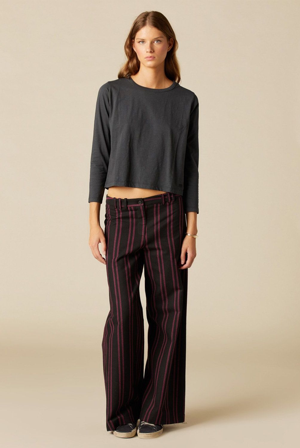 NICOLI - Pantalón Negro Raya Morado Mujer Nicoli