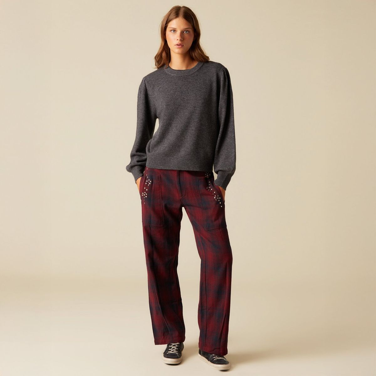 NICOLI - Pantalón Cuadro Tachas Mujer Nicoli