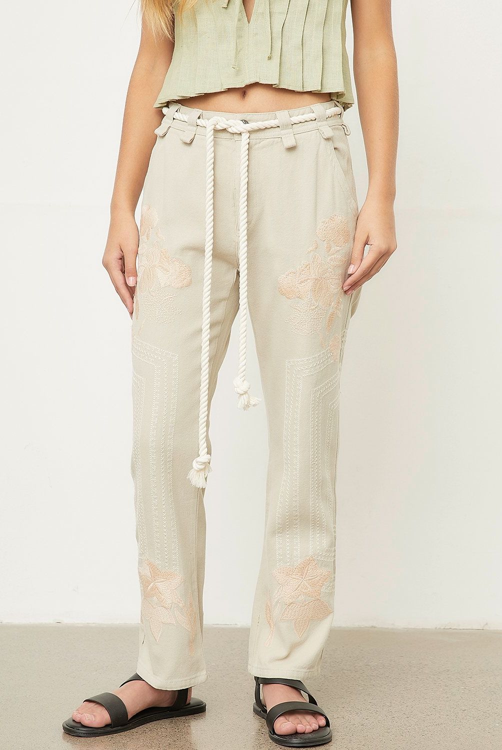 RUPHA - Pantalón Straight Bordado Tiro Alto Mujer Rupha