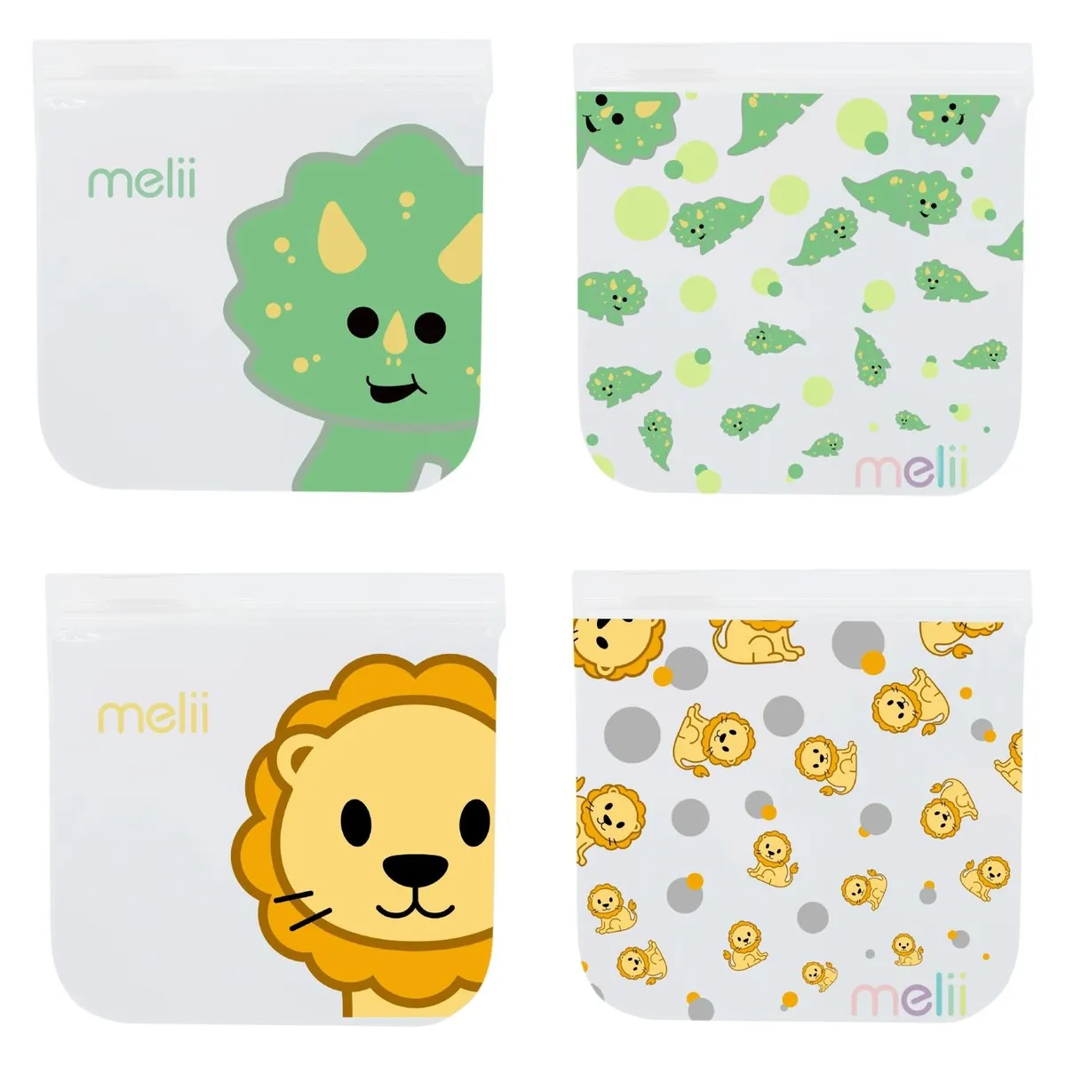 MELII - Pack de 4 Bolsas Reutilizables Snacks Dino-Leon Melii