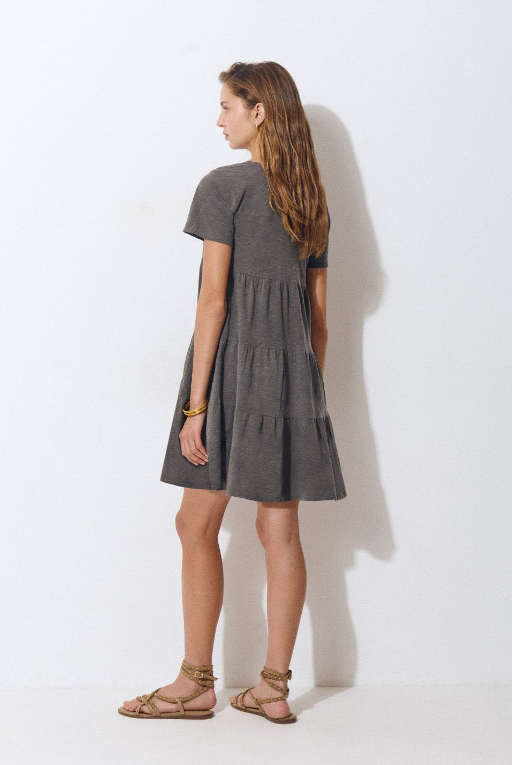 BROWNIE - Vestido Corto Algodón Lavado Manga Corta Mujer Brownie