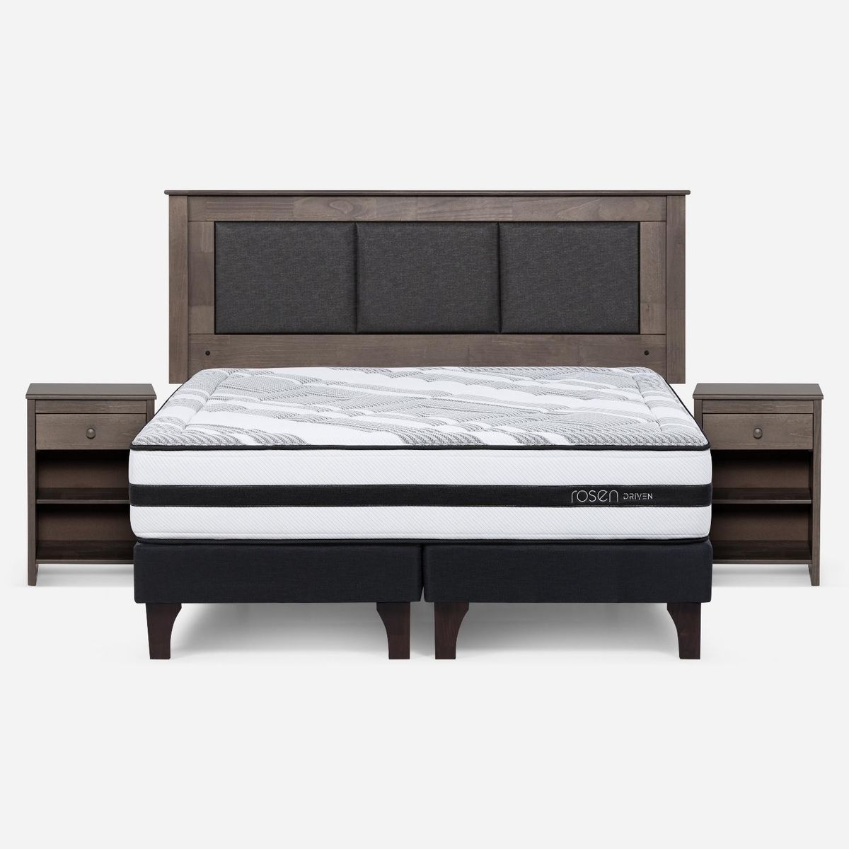 ROSEN - Cama Europea Driven 2 Plazas x 2.00mt Base Dividida + Respaldo + 2 Veladores Rosen