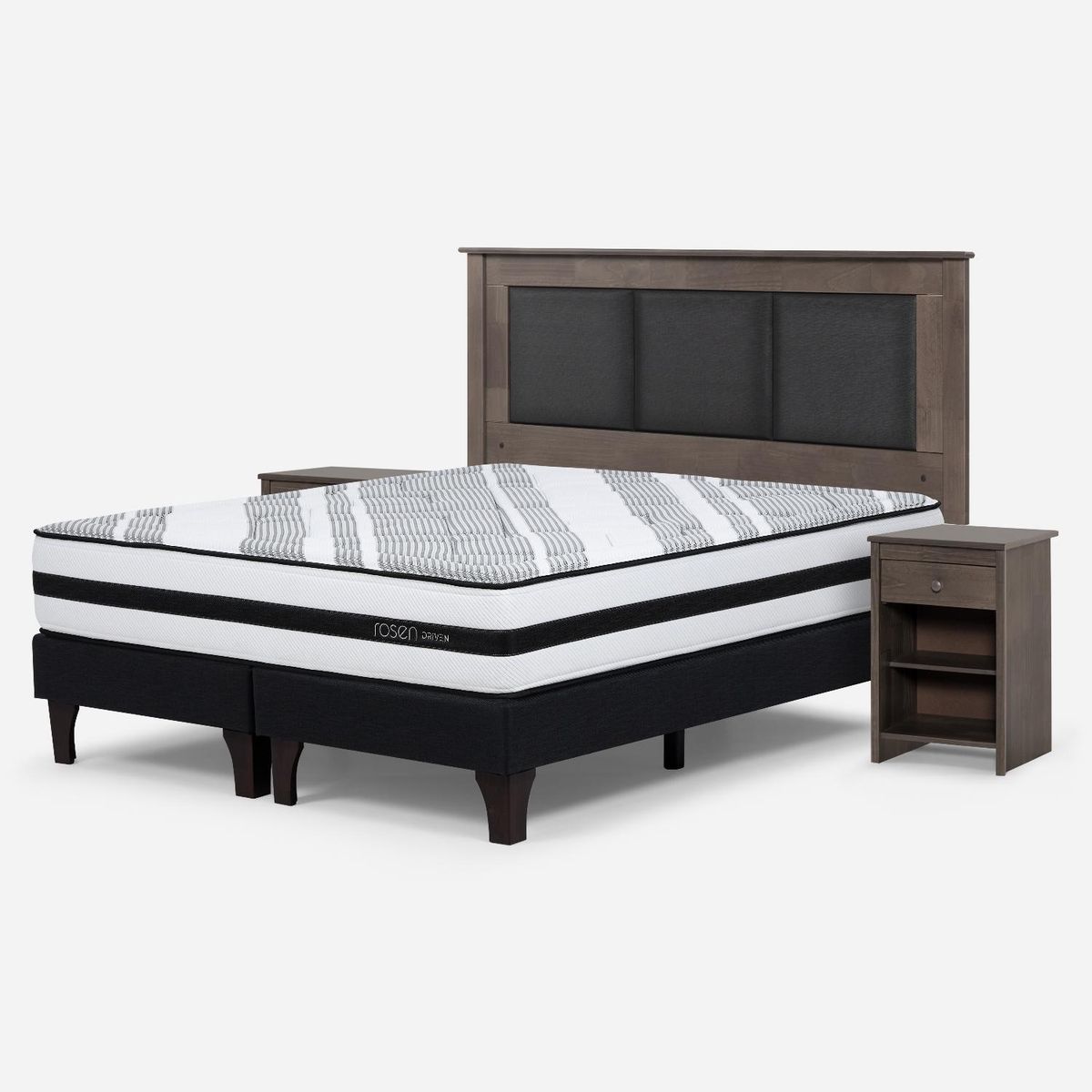 ROSEN - Cama Europea Driven 2 Plazas x 2.00mt Base Dividida + Respaldo + 2 Veladores Rosen