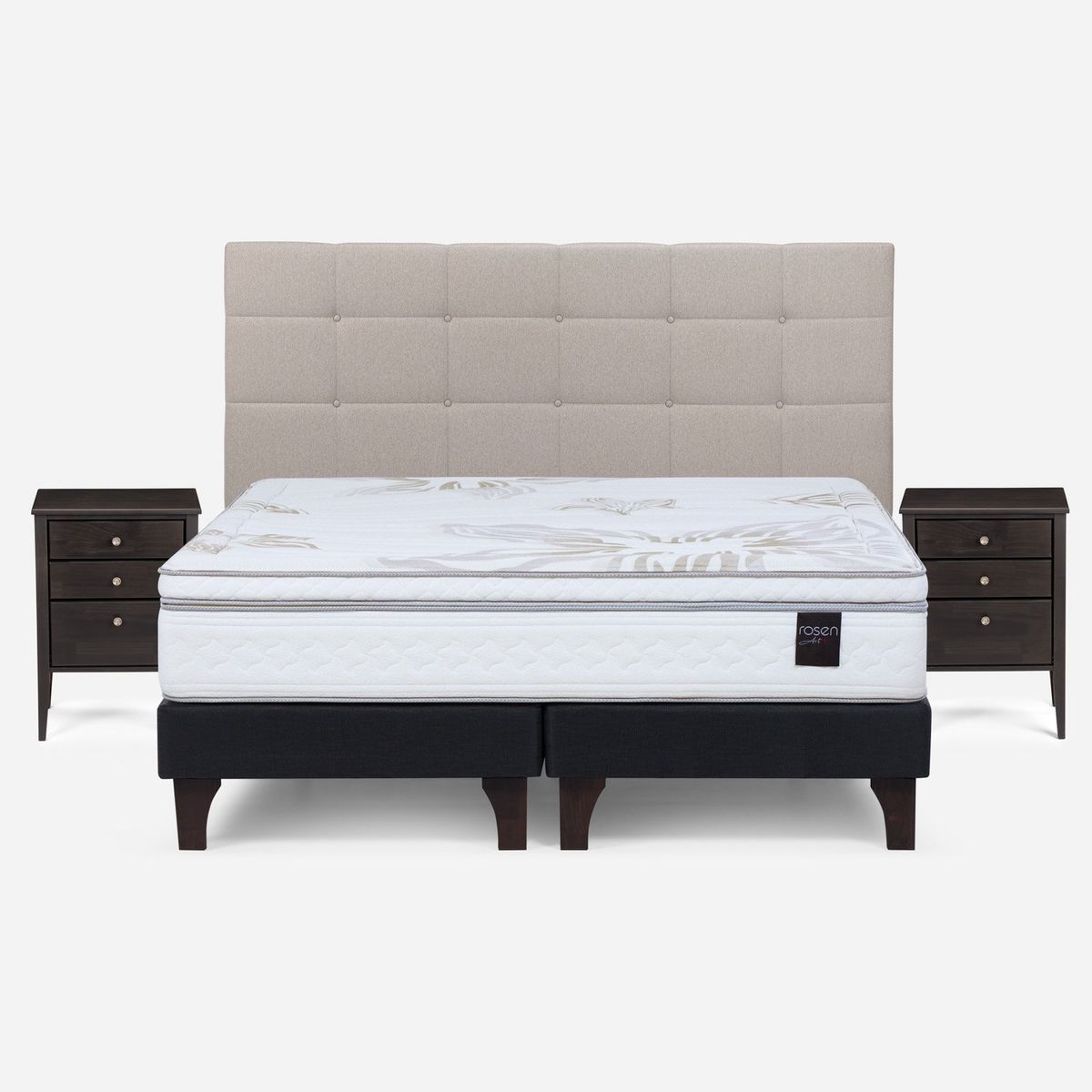ROSEN - Cama Europea Art 4 Super King x 2.00mt Base Dividida + Respaldo + 2 Veladores Rosen