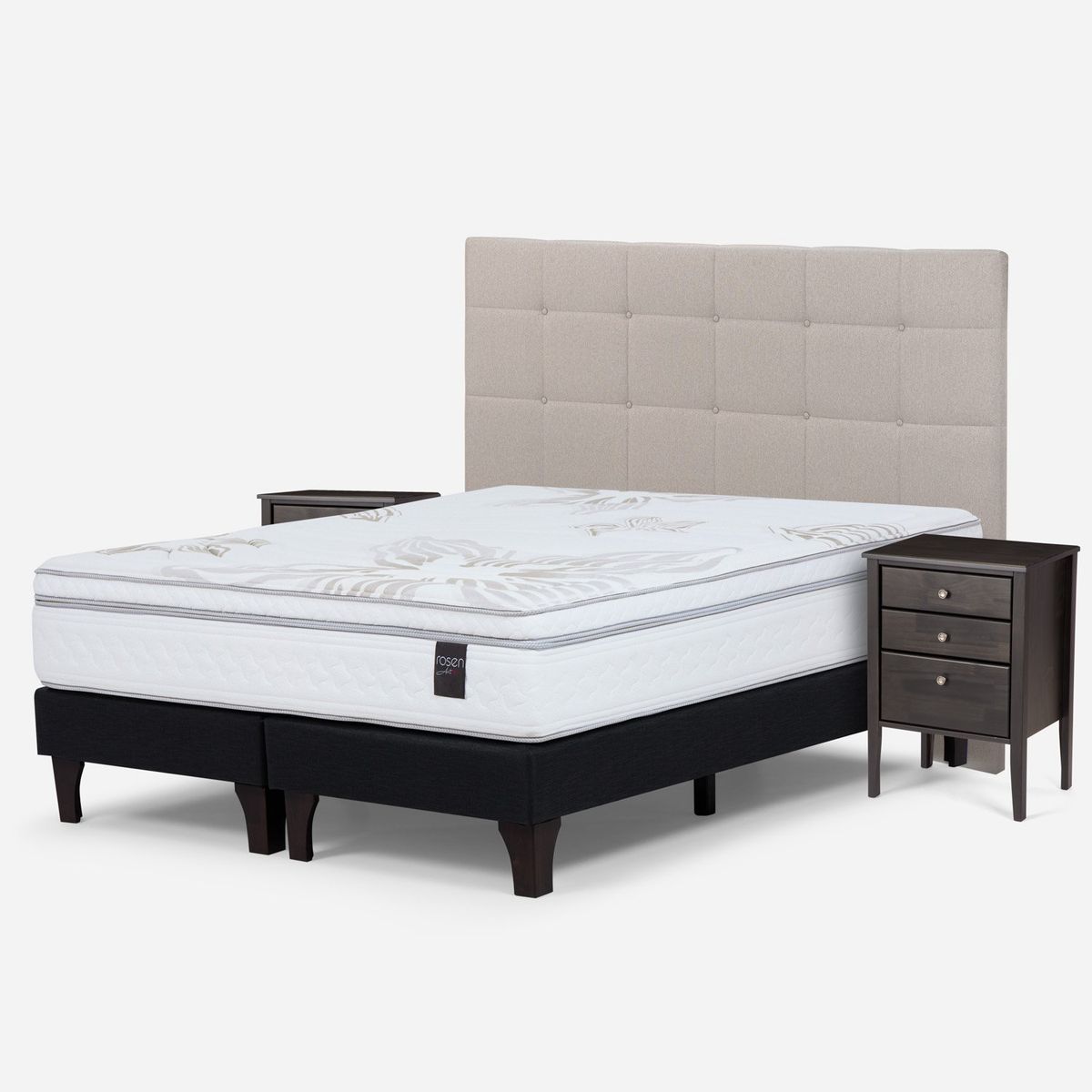 ROSEN - Cama Europea Art 4 Super King x 2.00mt Base Dividida + Respaldo + 2 Veladores Rosen