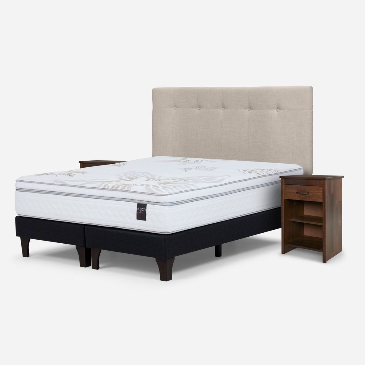 ROSEN - Cama Europea Art 4 2 Plazas x 2.00mt Base Dividida + Respaldo + 2 Veladores Rosen