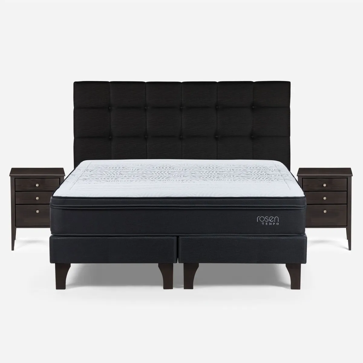 ROSEN - Cama Europea Tempo Super King X 2.00 cm Base Dividida + Respaldo + 2 Veladores Rosen
