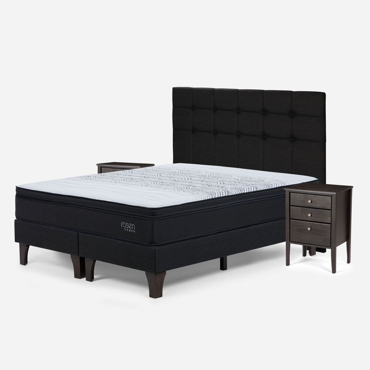 ROSEN - Cama Europea Tempo Super King X 2.00 cm Base Dividida + Respaldo + 2 Veladores Rosen