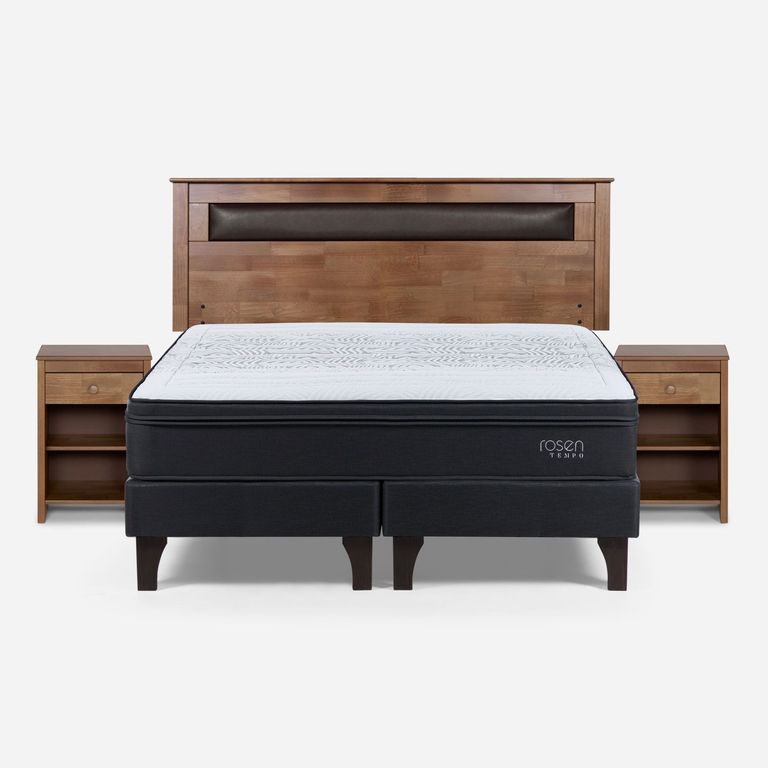 Cama Europea Tempo 2 Plazas x 2.00mt Base Dividida + Respaldo + 2 Veladores