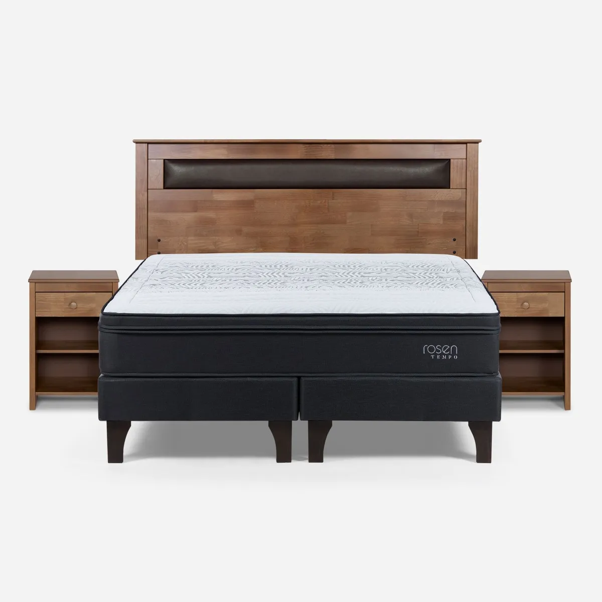 ROSEN - Cama Europea Tempo 2 Plazas x 2.00mt Base Dividida + Respaldo + 2 Veladores Rosen