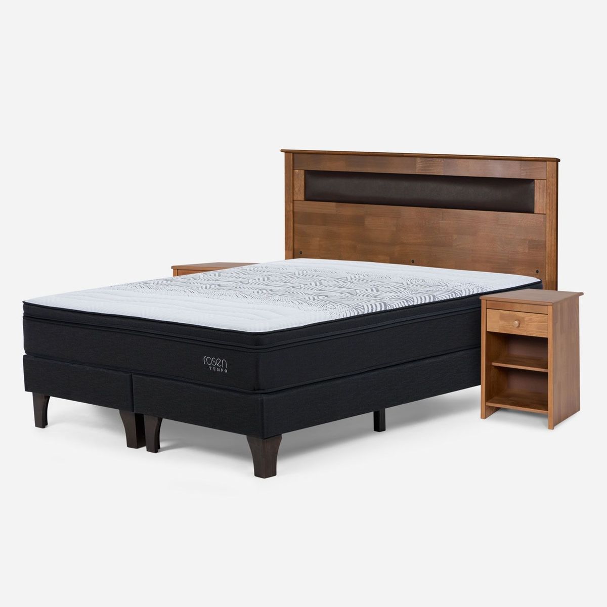 ROSEN - Cama Europea Tempo 2 Plazas x 2.00mt Base Dividida + Respaldo + 2 Veladores Rosen