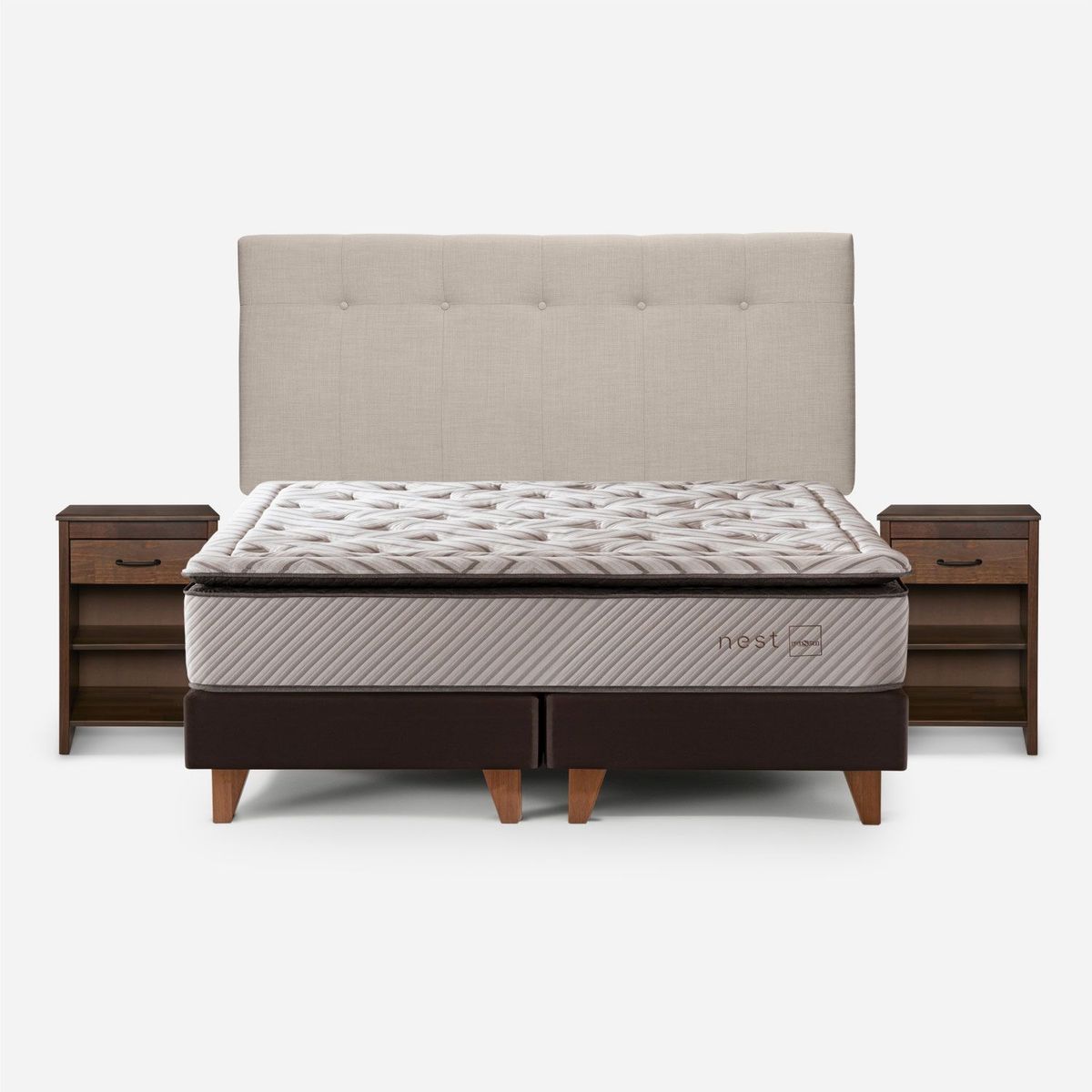 ROSEN - Cama Europea Nest 2 Plazas x 2.00mt Base Dividida + Respaldo + 2 Veladores Rosen