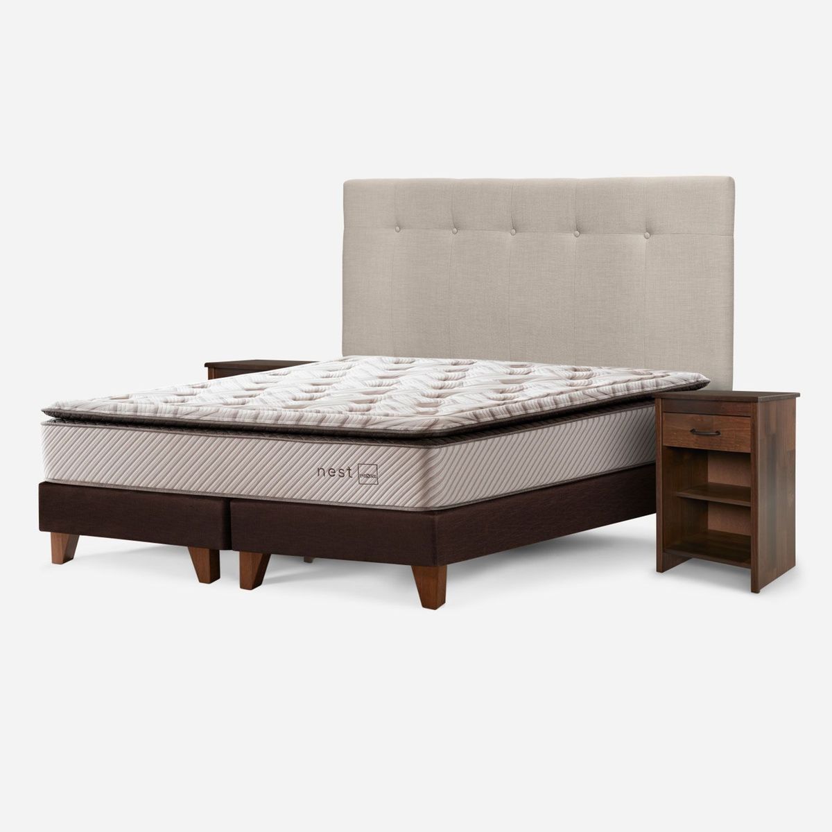 ROSEN - Cama Europea Nest 2 Plazas x 2.00mt Base Dividida + Respaldo + 2 Veladores Rosen