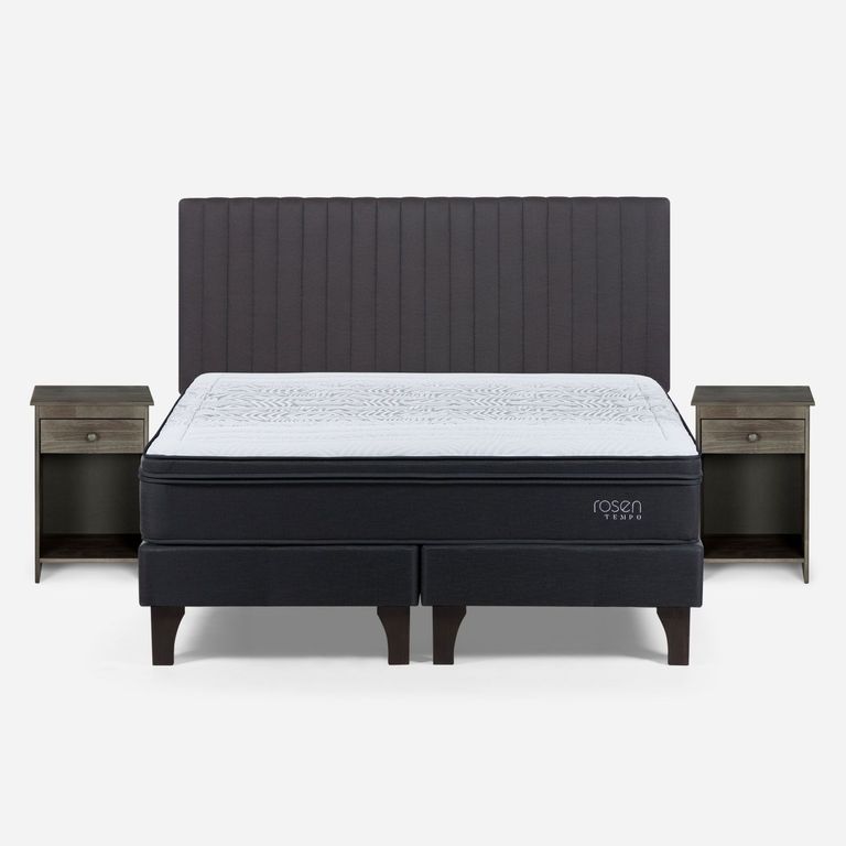 Cama Europea Tempo 2 Plazas x 2.00mt Base Dividida + Respaldo + 2 Veladores