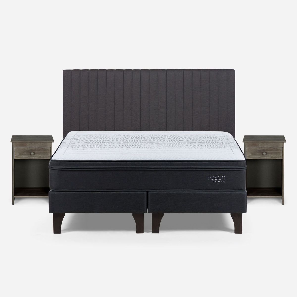 ROSEN - Cama Europea Tempo 2 Plazas x 2.00mt Base Dividida + Respaldo + 2 Veladores Rosen
