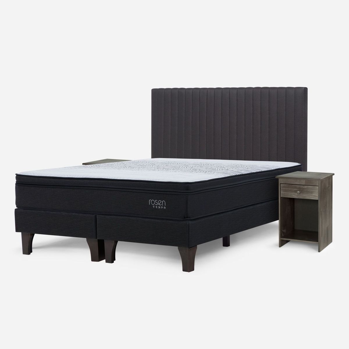 ROSEN - Cama Europea Tempo 2 Plazas x 2.00mt Base Dividida + Respaldo + 2 Veladores Rosen