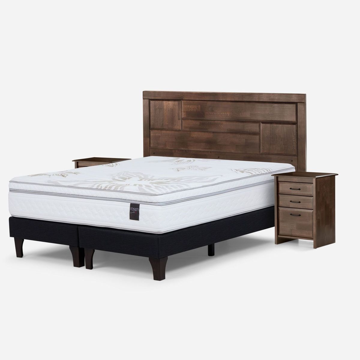 ROSEN - Box Spring Art 4 King X 2.00 CM Base Dividida + Respaldo + 2 Veladores Rosen