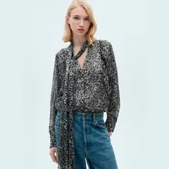 MANGO - Blusa leopardo lazo cuello Mujer