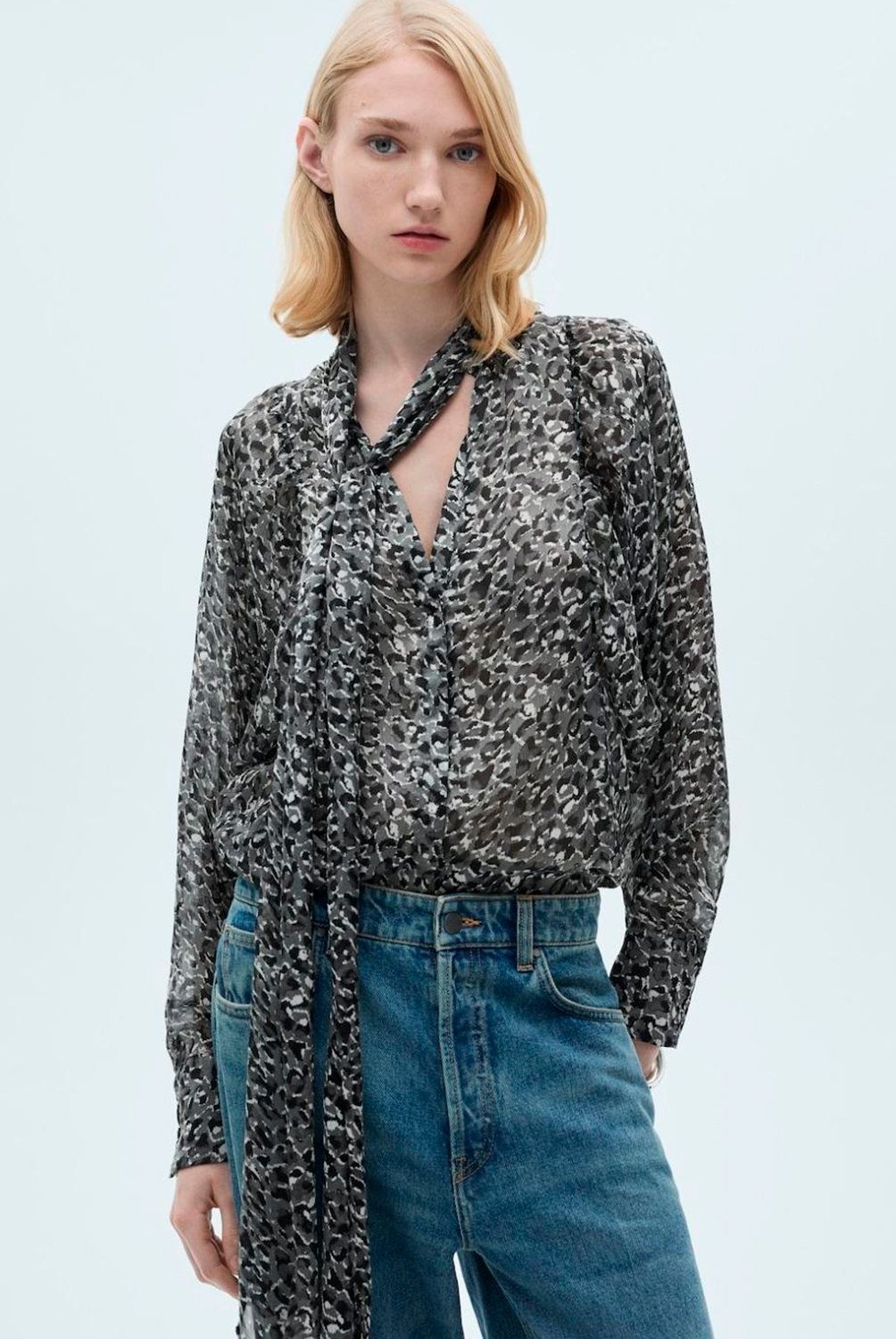 MANGO - Blusa leopardo lazo cuello Mujer Mango
