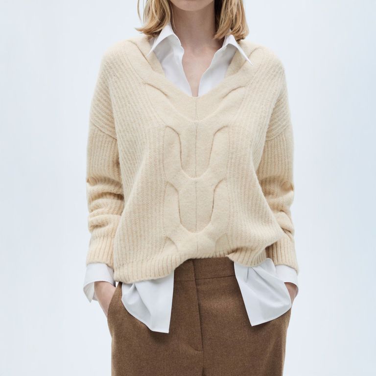 MANGO Sweater Trenzado Cuello Pico Mujer Mango