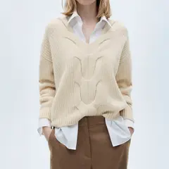 MANGO - Sweater Trenzado Cuello Pico Mujer