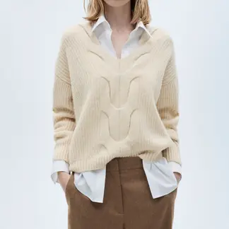 MANGO - Sweater Trenzado Cuello Pico Mujer