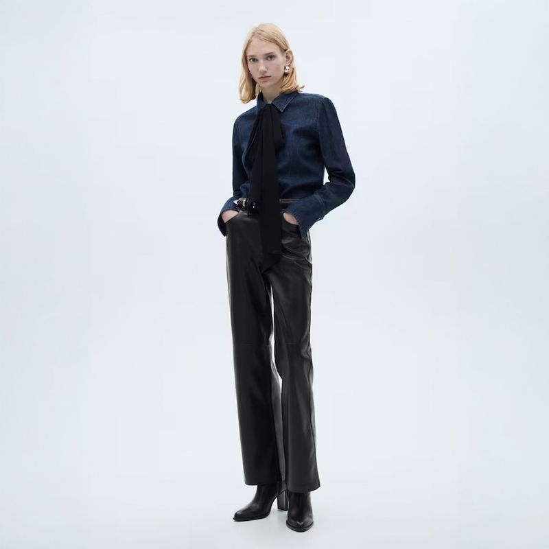 MANGO - Pantalón Recto Efecto Piel Mujer Mango