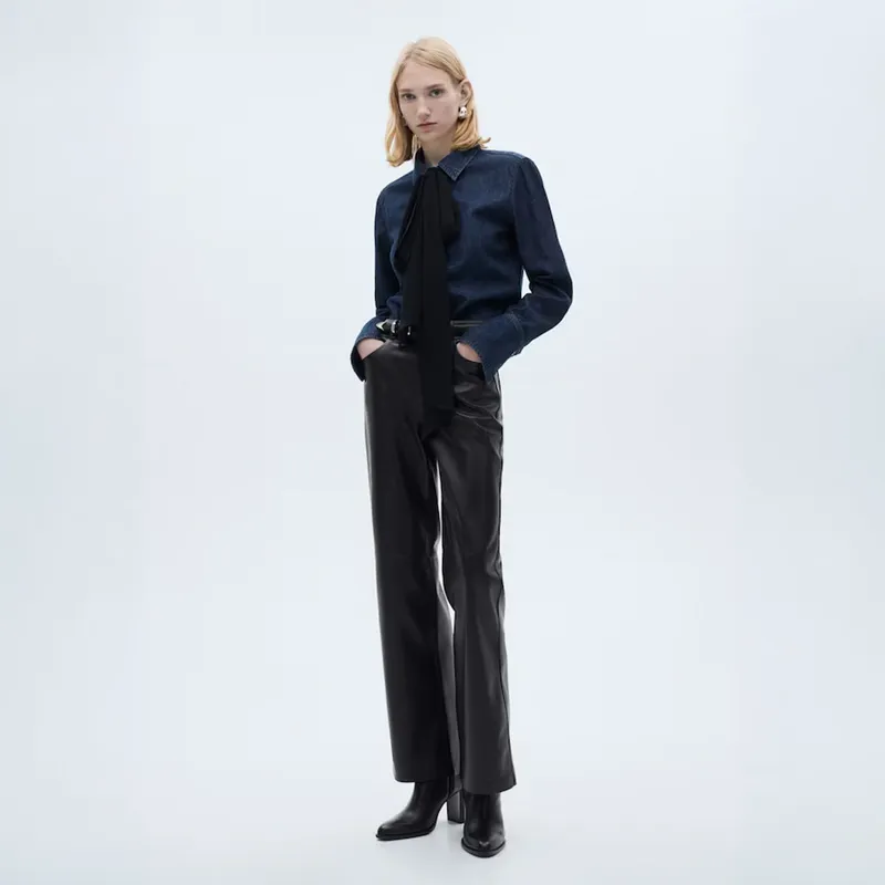 MANGO - Pantalón Recto Efecto Piel Mujer Mango
