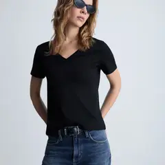 MANGO - Polera Algodón Cuello Pico Mujer
