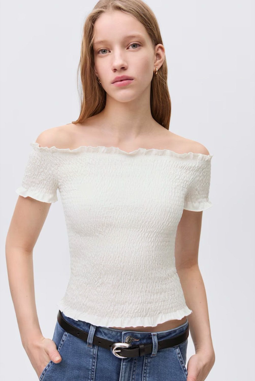 MANGO TEEN - Top Hombros Descubiertos Drapeado Mujer Mango Teen