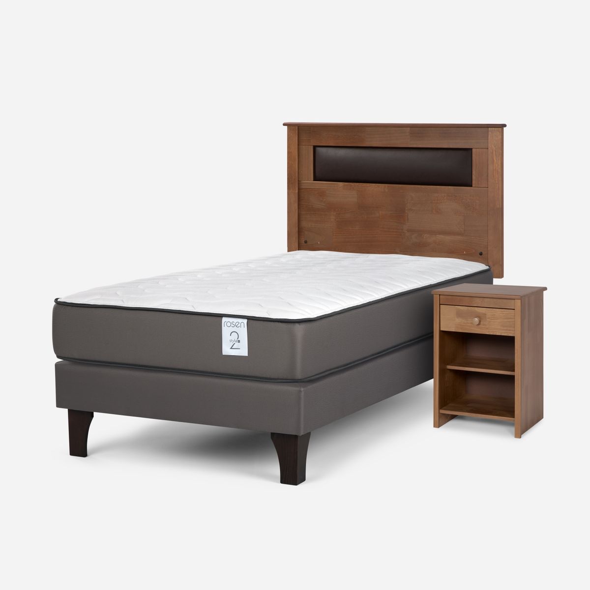 ROSEN - Cama Europea New Style 2 Plus 1.5 Plazas + Respaldo + 1 Velador Rosen