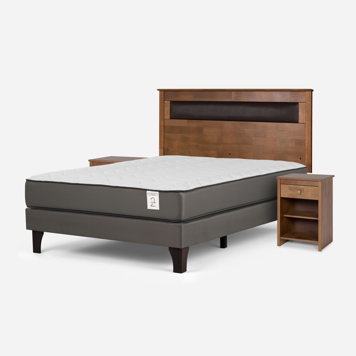 ROSEN - Cama Europea New Style 2 Plus 2 Plazas + Respaldo + 2 Veladores Rosen