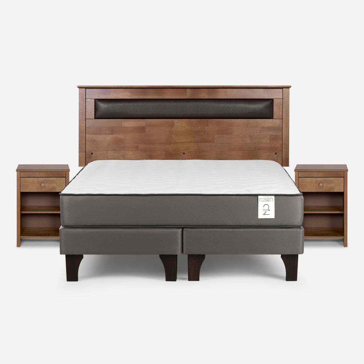 ROSEN - Cama Europea New Style 2 Plus 2 Plazas + Respaldo + 2 Veladores Rosen