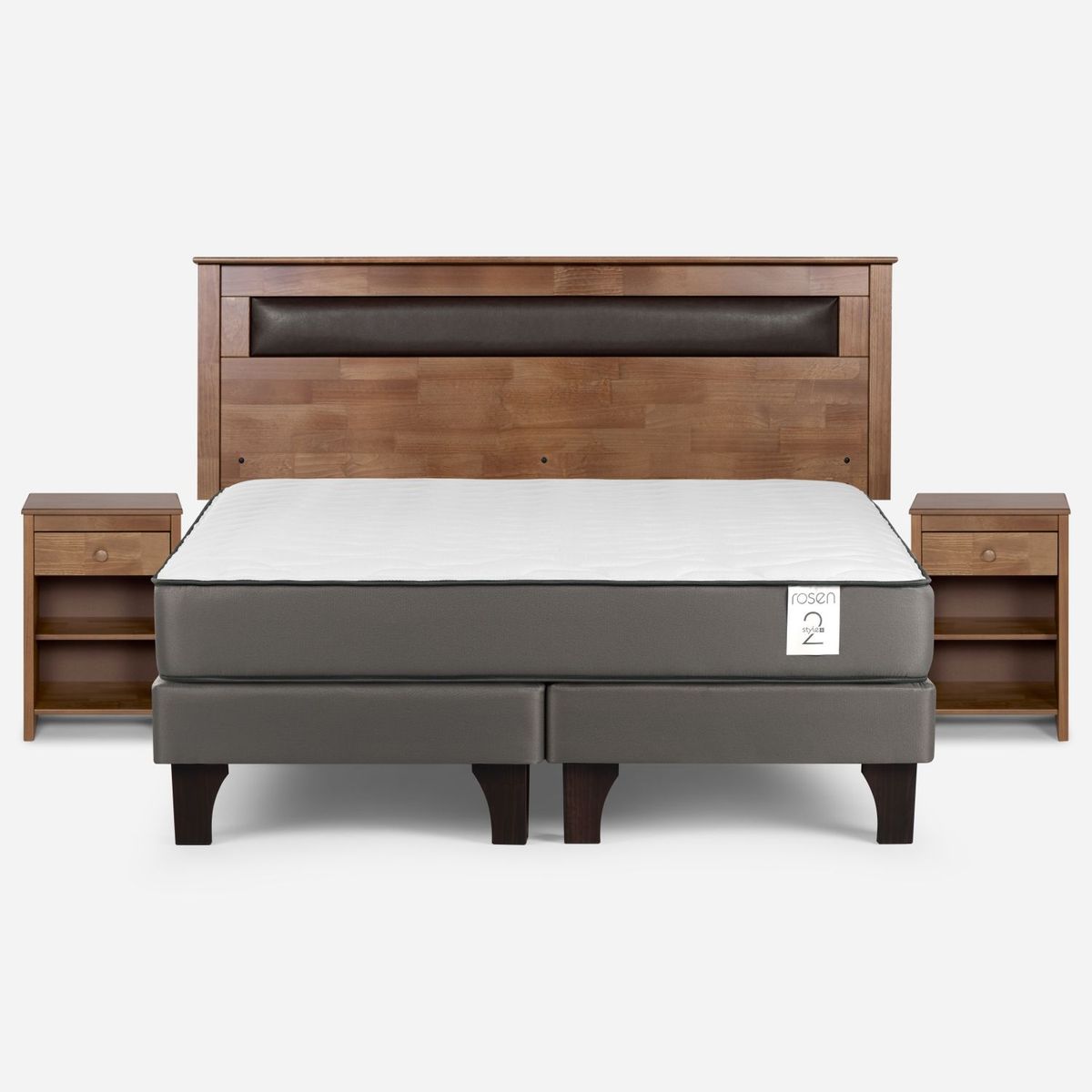ROSEN - Cama Europea New Style 2 Plus King x 2.00 mt Base Dividida + Respaldo + 2 Veladores Rosen
