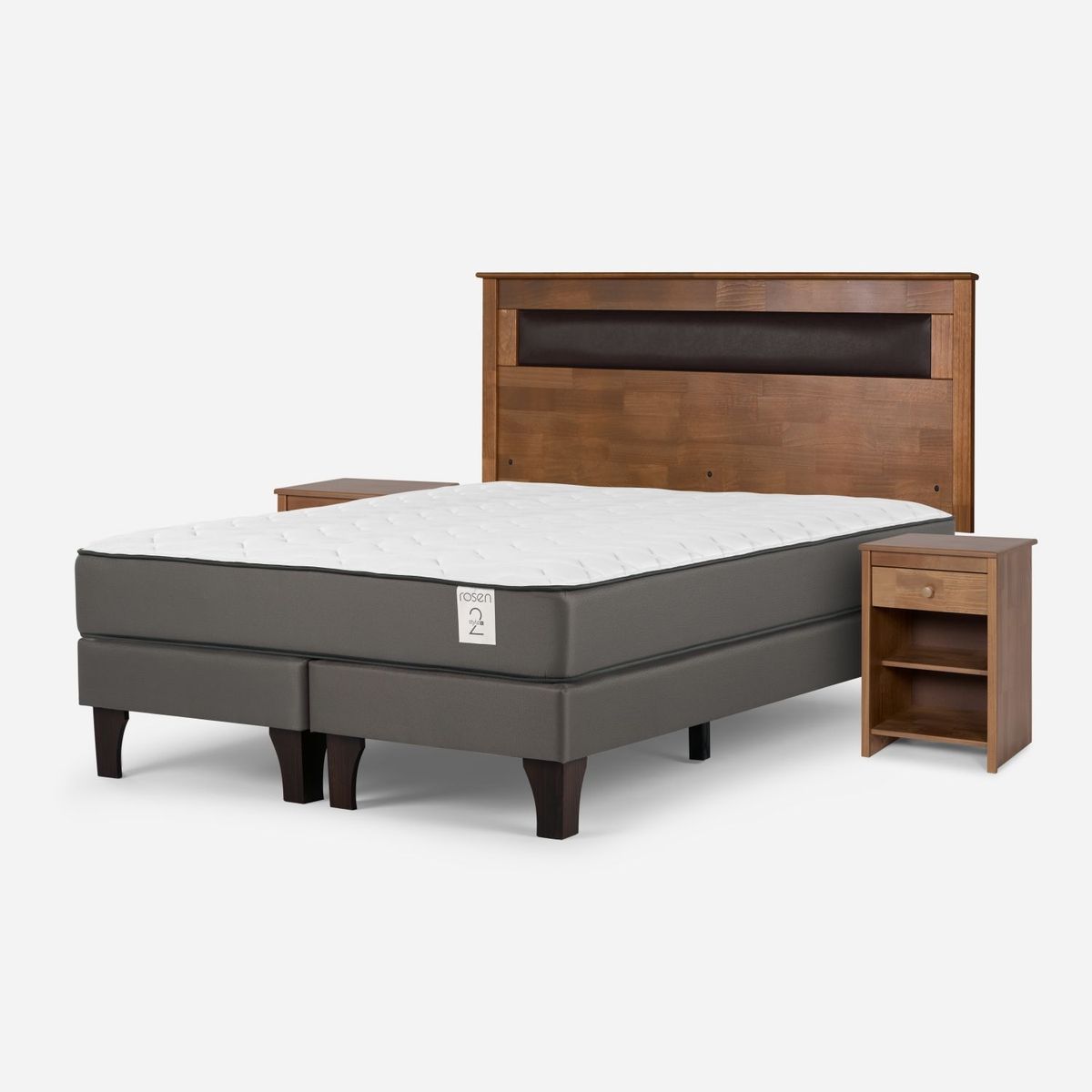 ROSEN - Cama Europea New Style 2 Plus King x 2.00 mt Base Dividida + Respaldo + 2 Veladores Rosen