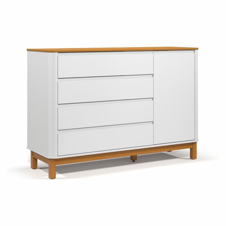 Cómoda Mudador Infantil Flow Blanca Eco Wood 4 Cajones 1 Puerta