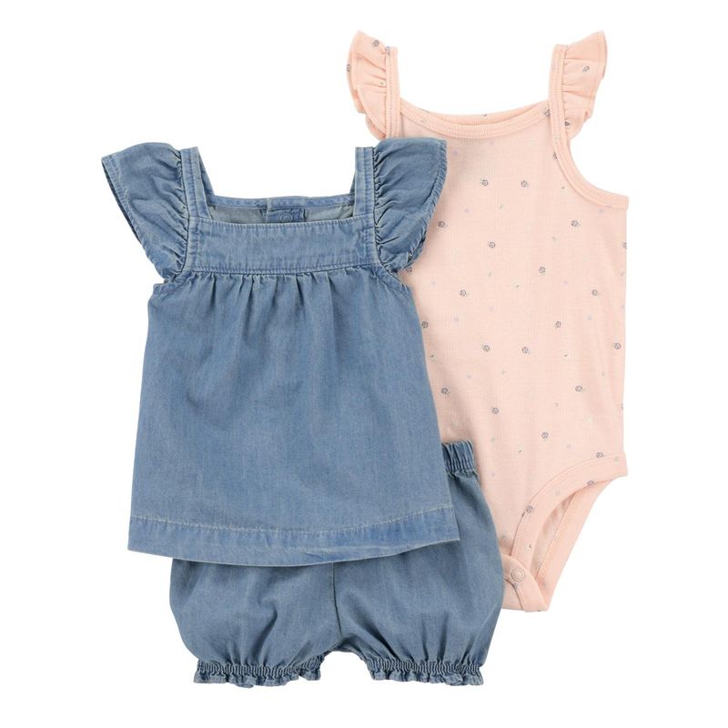 CARTER'S - Conjunto 3 Piezas Blusa, Body y Short Bombacho Bebé Niña Carter's